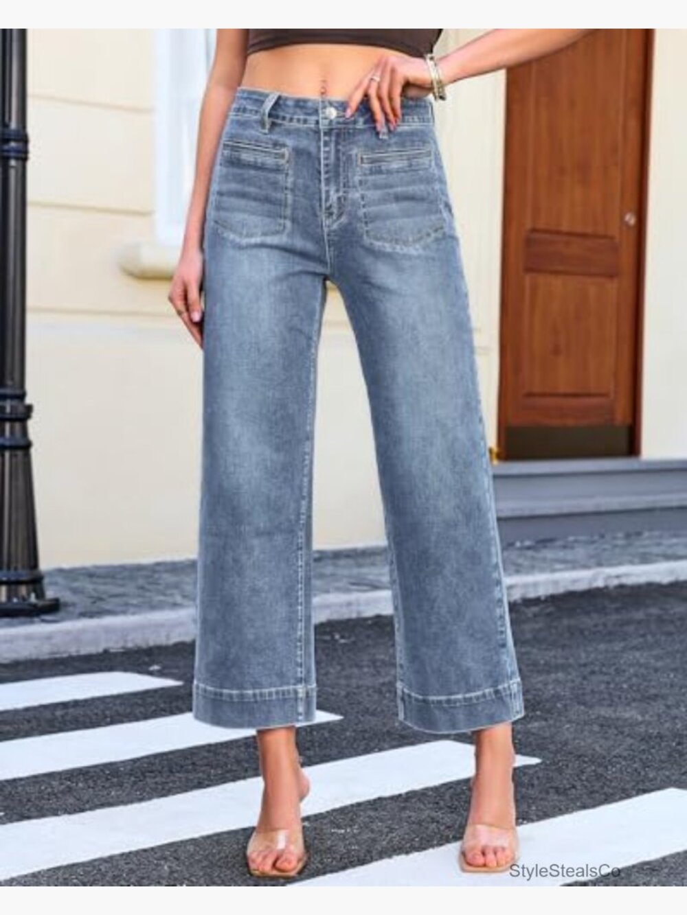 High Waist Wide Leg Cropped Jeans Stretch Denim Patch Pocket Straight Leg - Picture 2 of 7